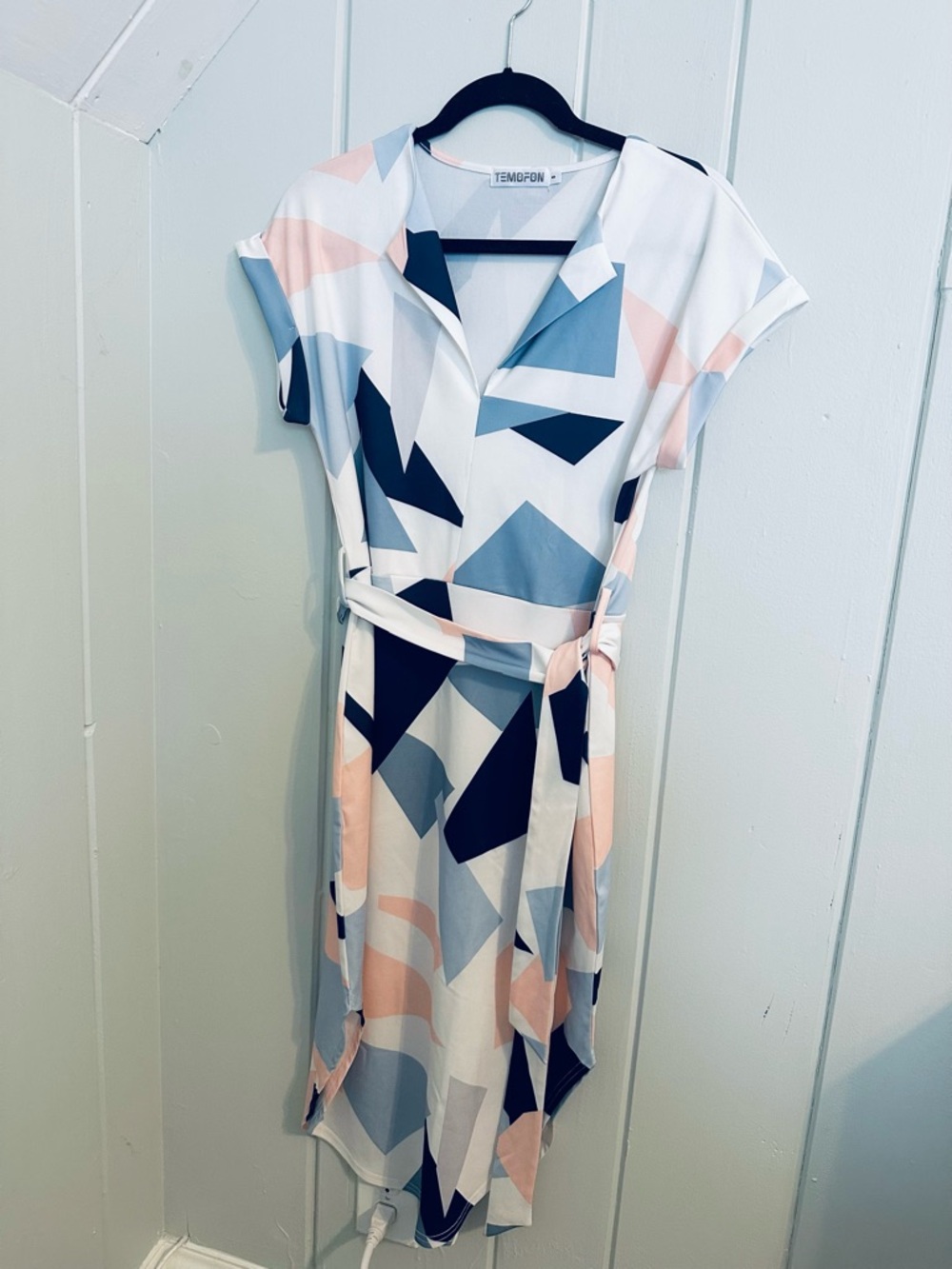 Geometric Dress in White, Navy & Blush